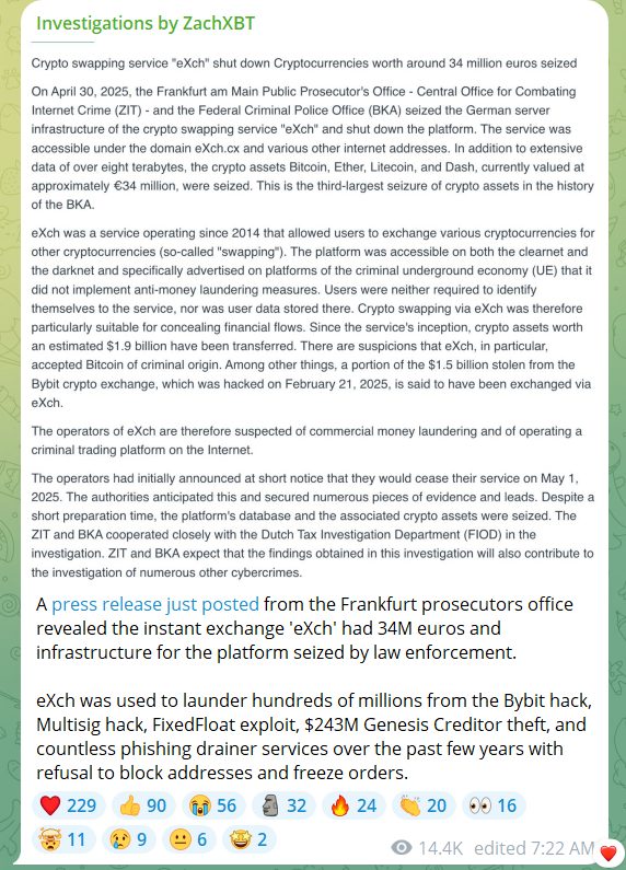 eXch Crackdown: German Police Seize $38M Linked to $1.4B Bybit Hack